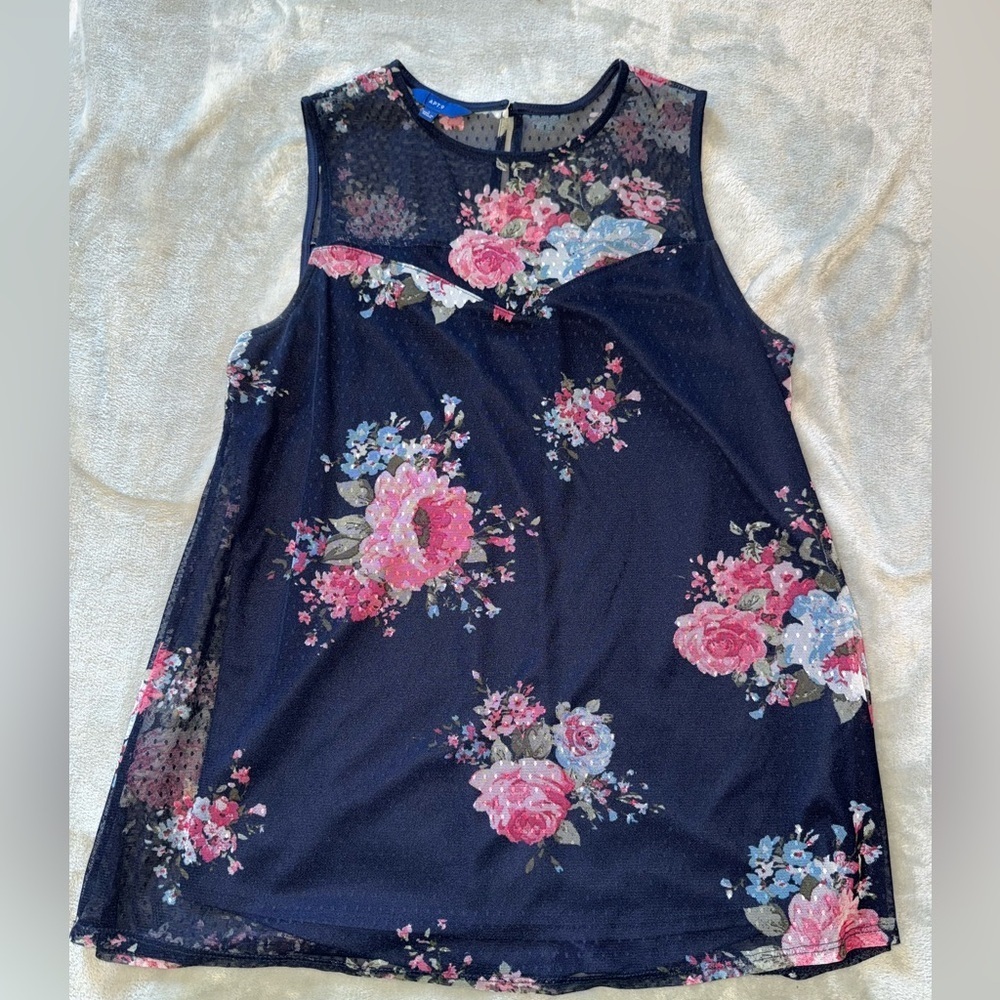 Apt. 9 Navy Mesh Top with Floral Accents